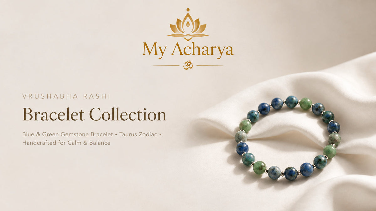 A beaded gemstone bracelet with blue and green round beads, displayed on draped white fabric next to gold text reading 'My Acharya' and 'Bracelet Collection'.